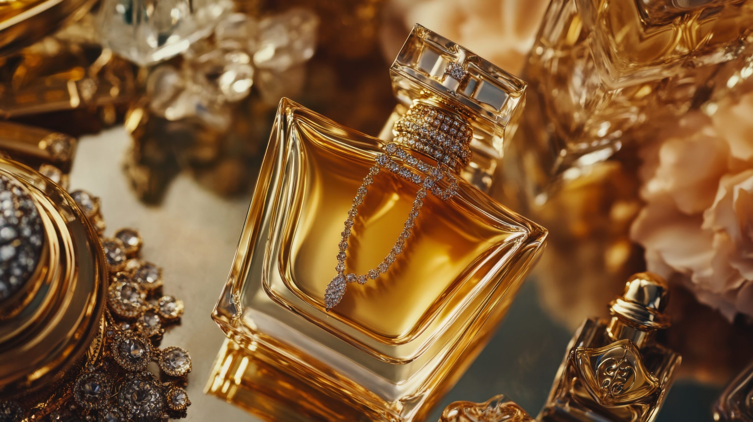 A flat-lay of gold jewelry paired with luxury perfume bottles, creating a glamorous scene.